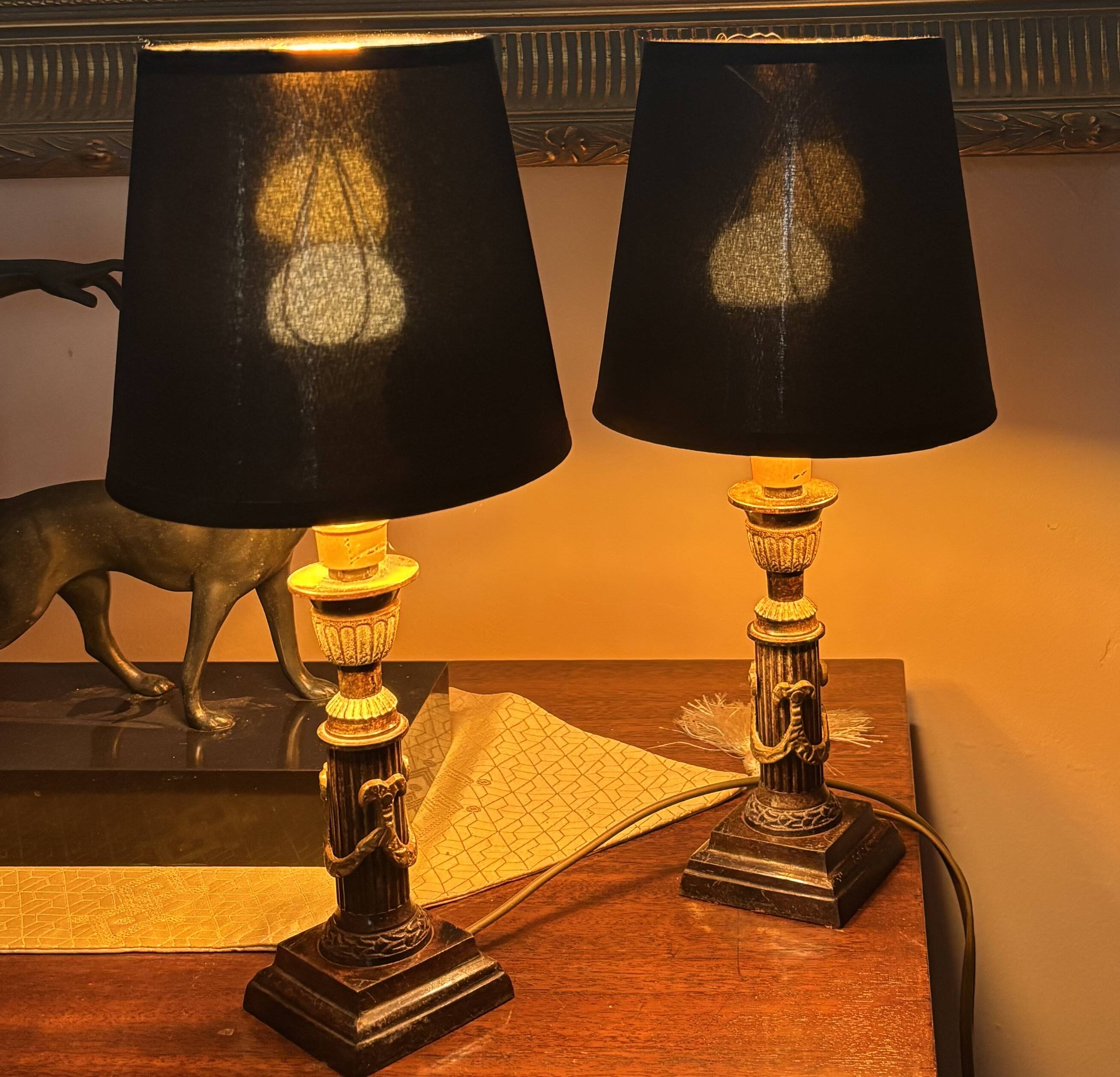 Pair of Empire Style Table Lamps with Patinated Black Bronze and Gilded Mounts