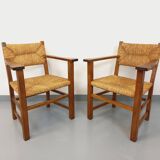 Set of 2 vintage brutalist armchairs in oak wood and straw