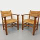 Suite de 2 fauteuils brutalistes vintage en bois de chêne et paille