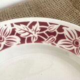 Round serving dish with burgundy red floral pattern