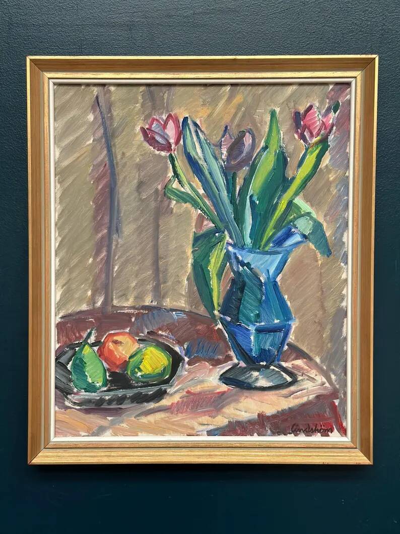 Original Swedish Oil on Canvas - 'Tulips' by Knut Lindström - Signed - Dated 1966 - Framed
