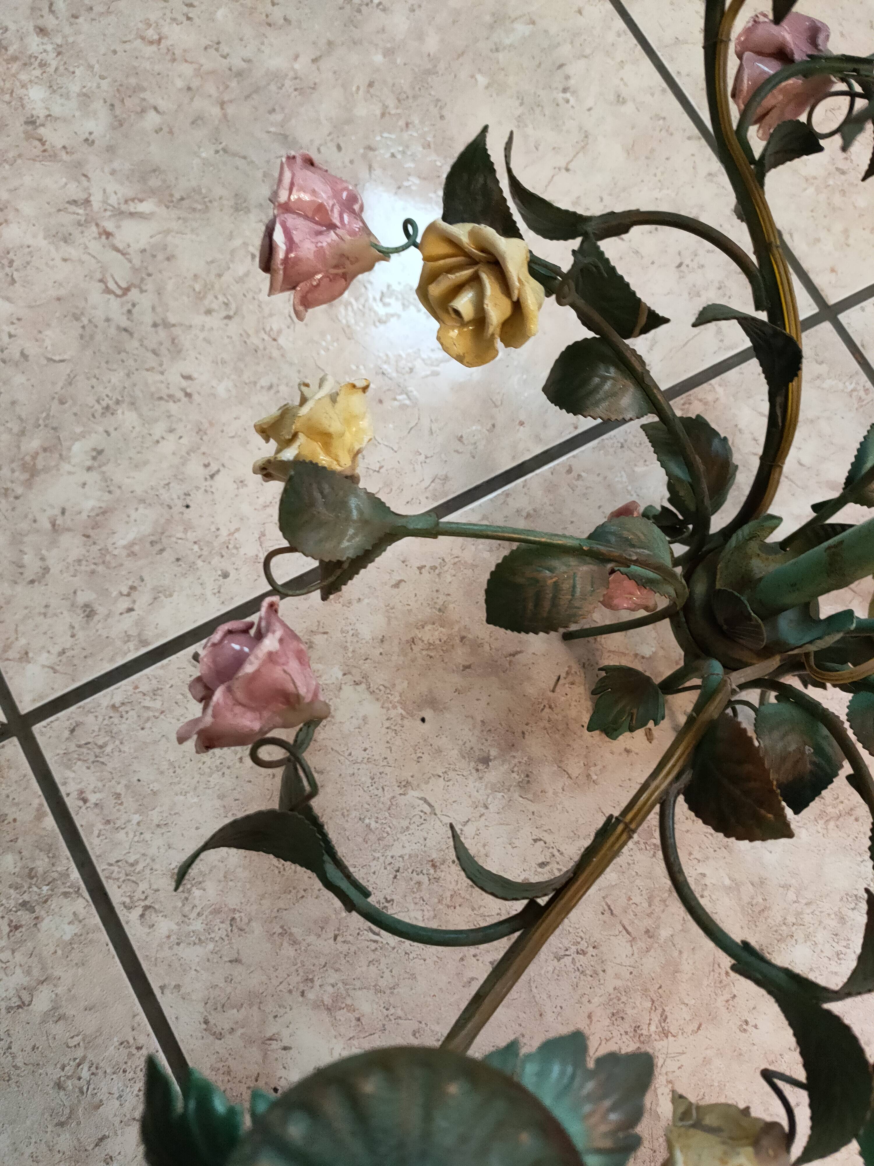 metal chandelier and porcelain flowers