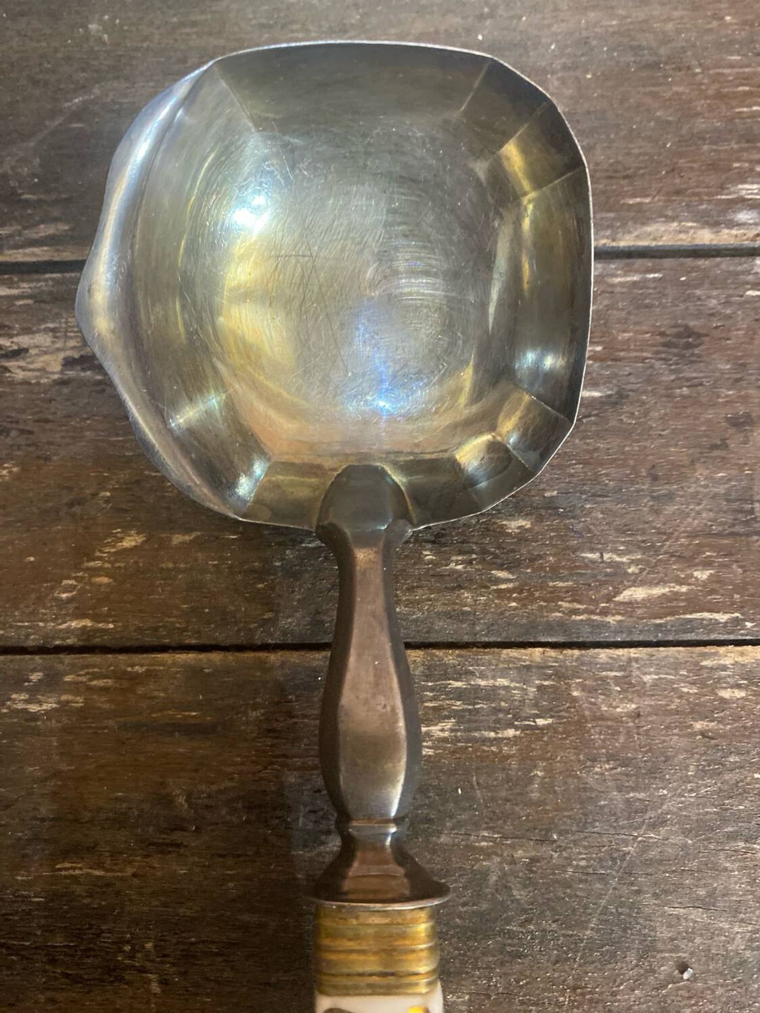 Old Silver-Plated Metal Serving Spoon + Porcelain Handle