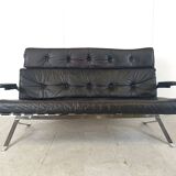 Canapé vintage en cuir noir et chrome, 1970
