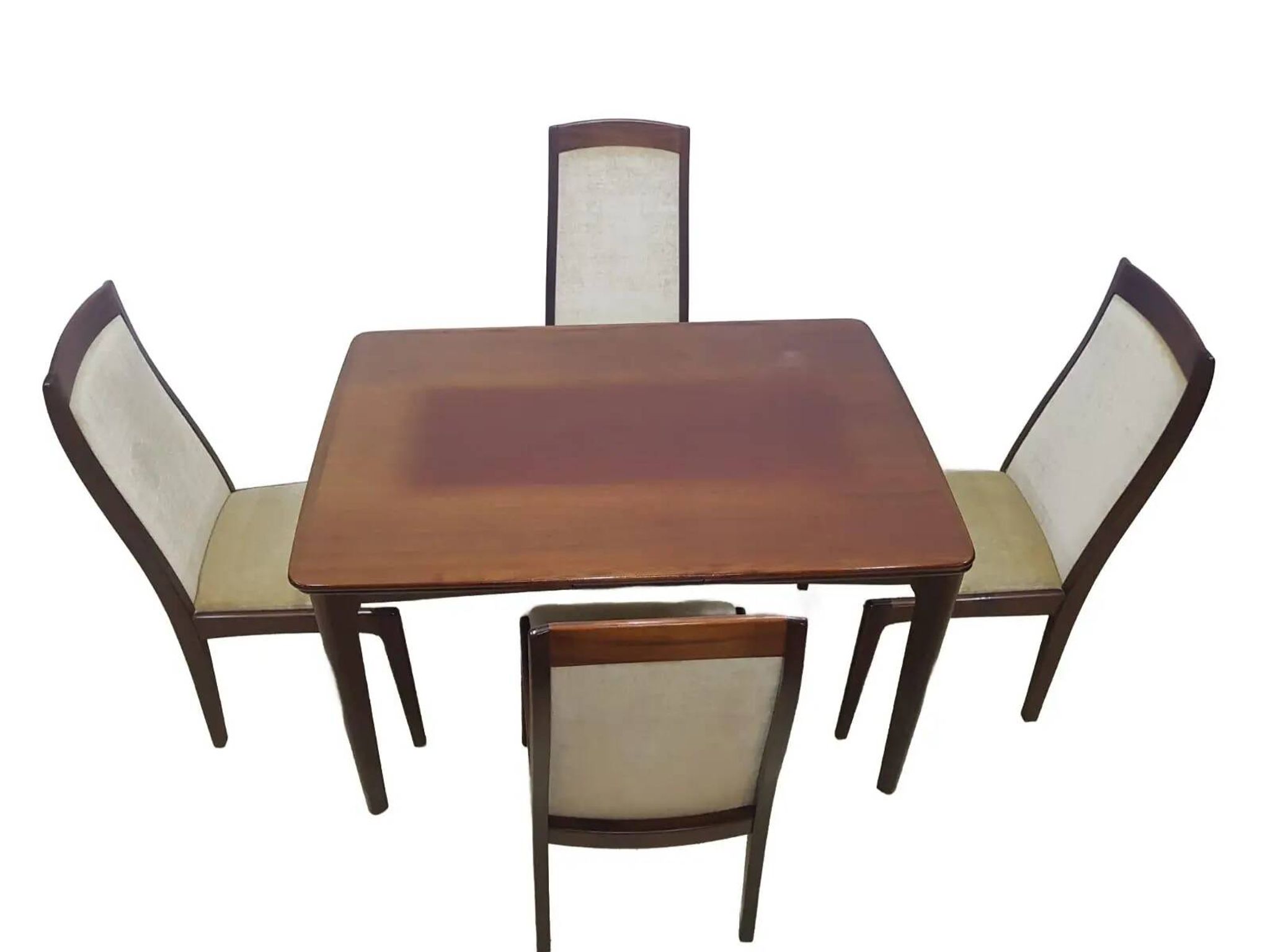 Table and four chairs set, brown wood, beige fabric, Denmark, 1970s.