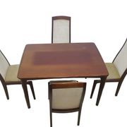 Table and four chairs set, brown wood, beige fabric, Denmark, 1970s.