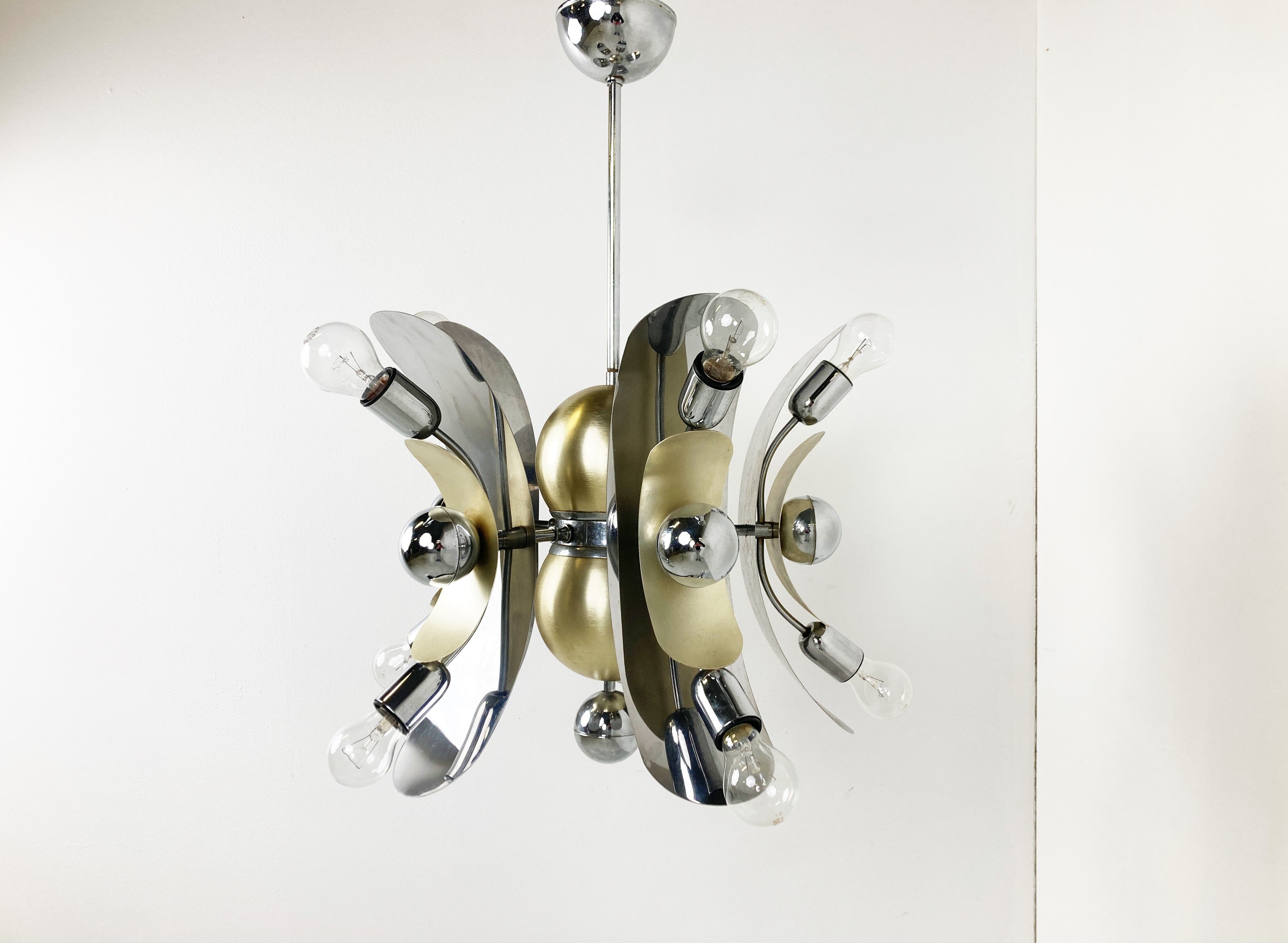 Vintage italian chrome and brass chandelier, 1970s