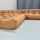 French camel brown leather Togo living room set attributed to Michel Ducaroy for Ligne Roset, set of 4