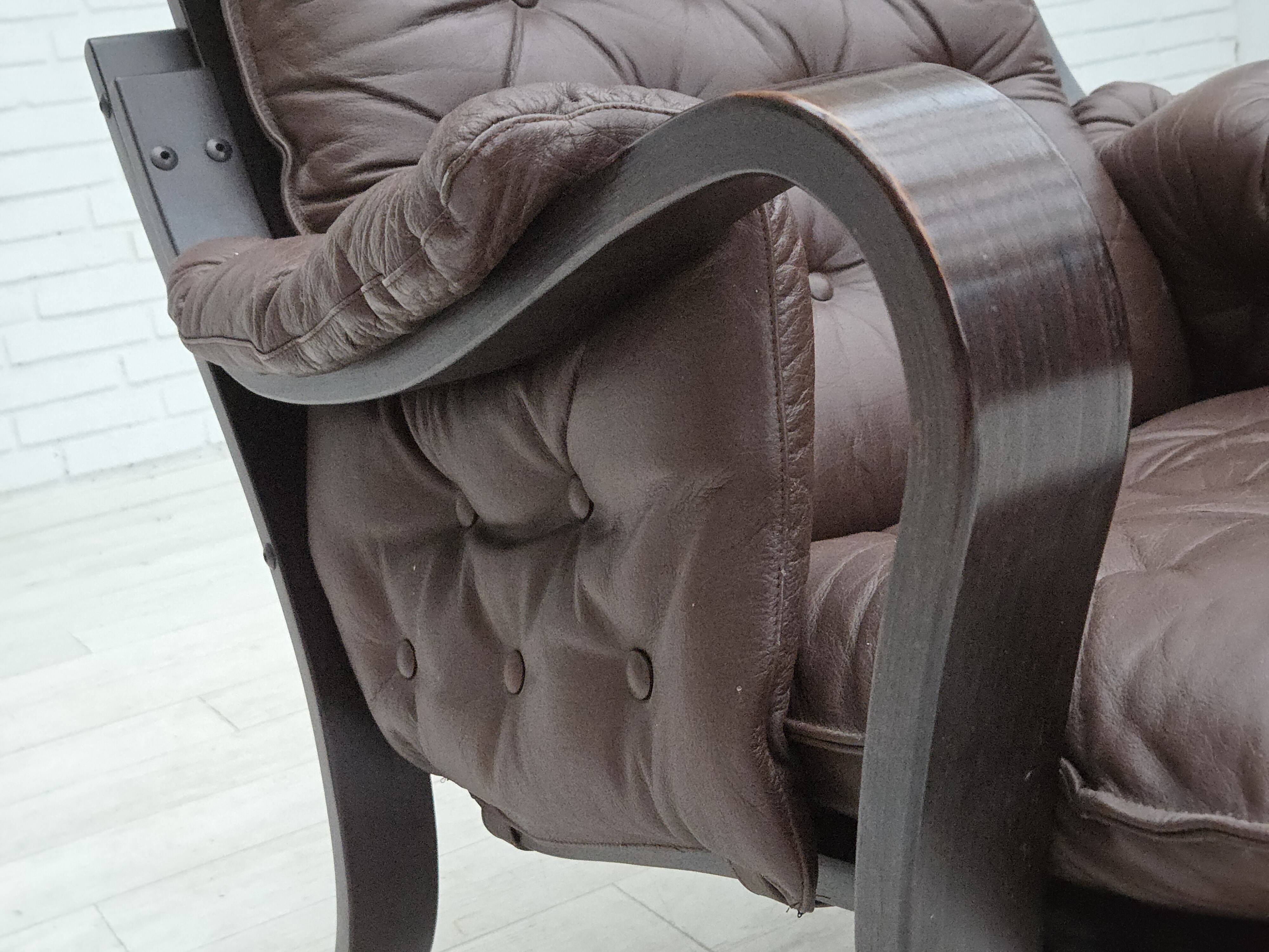 1970s, Scandinavian vintage design, armchair, brown leather, bent wood.