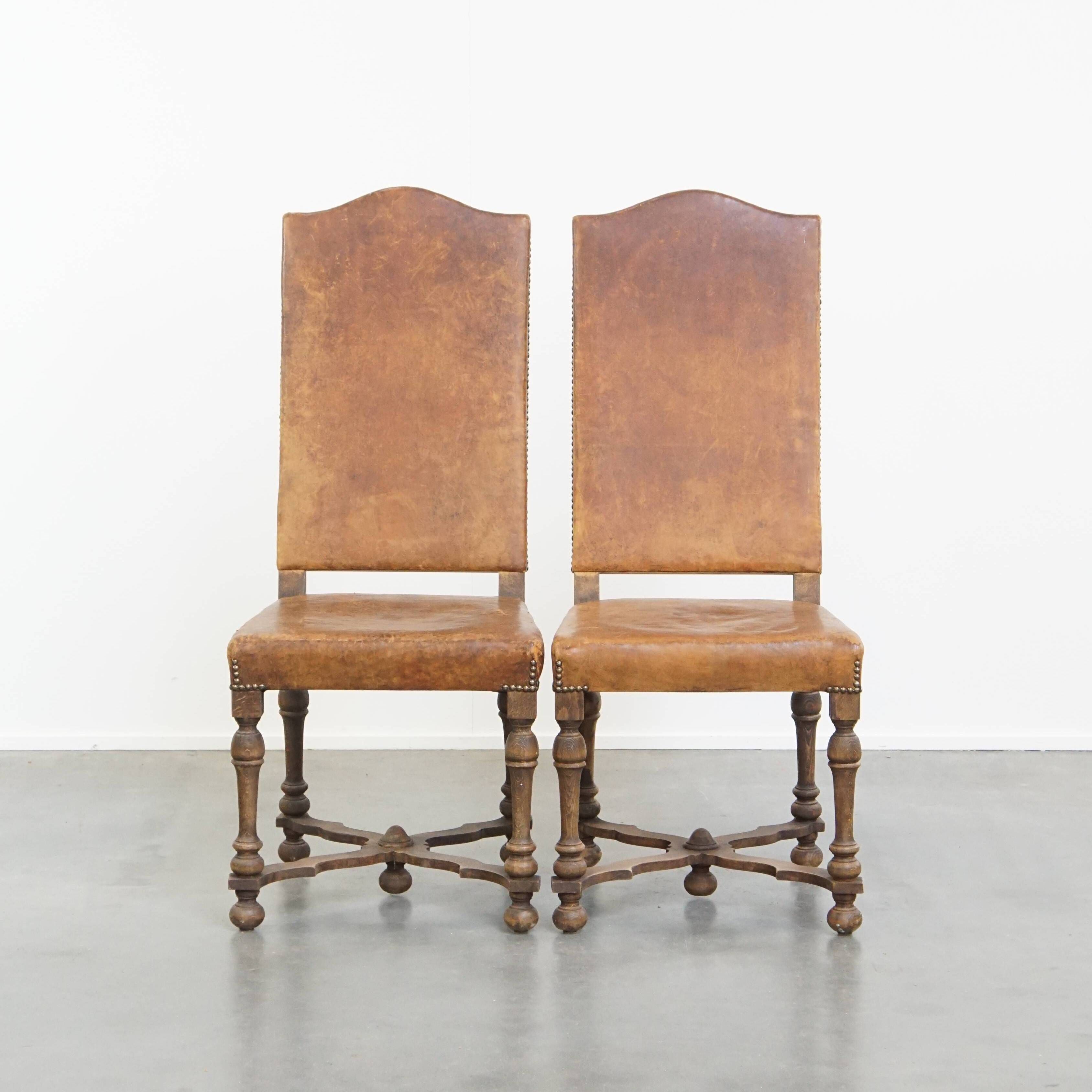 Set of 2 Wooden and Sheepskin Leather Dining Chairs from the Early 1900s