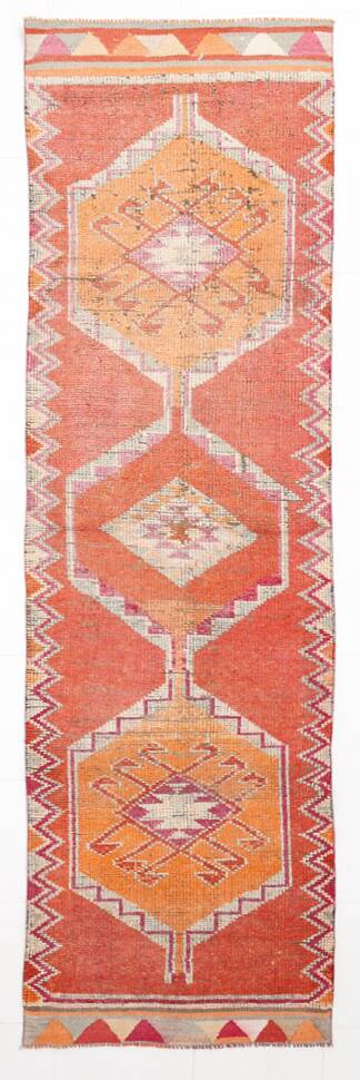 3x11 Runner Coral Red Vintage Runner Rug, Wool Corridor Rug, 94x329Cm