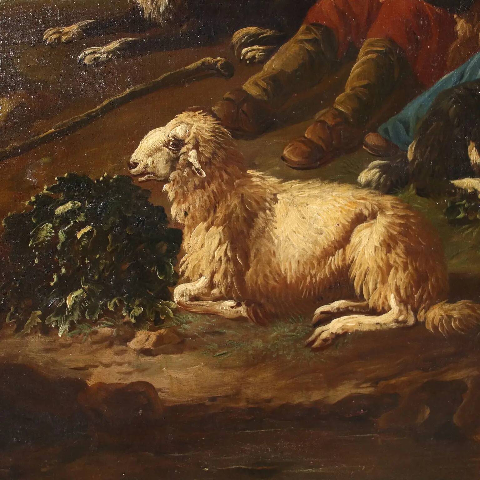 Old painting of a landscape with shepherds, oil on canvas, 17th century.