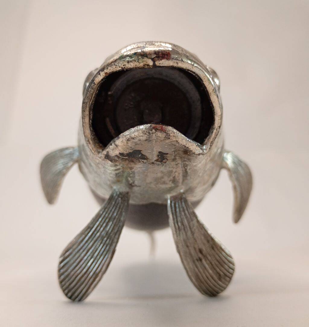 Italian Tre Spade Fish Shaped Rose Wood & Silverplate Pepper Mill or Grinde
