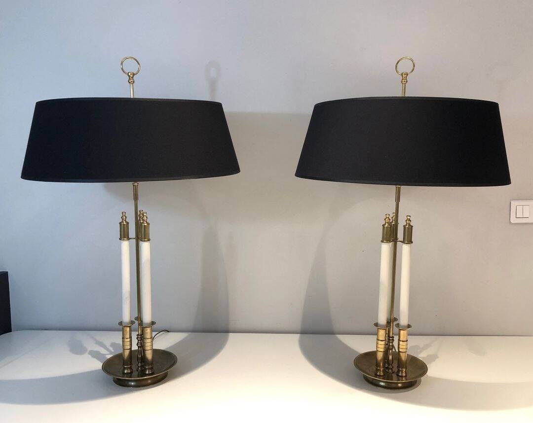 Pair of Brass and White Lacquer Table Lamps, Neoclassical Style, Tr
