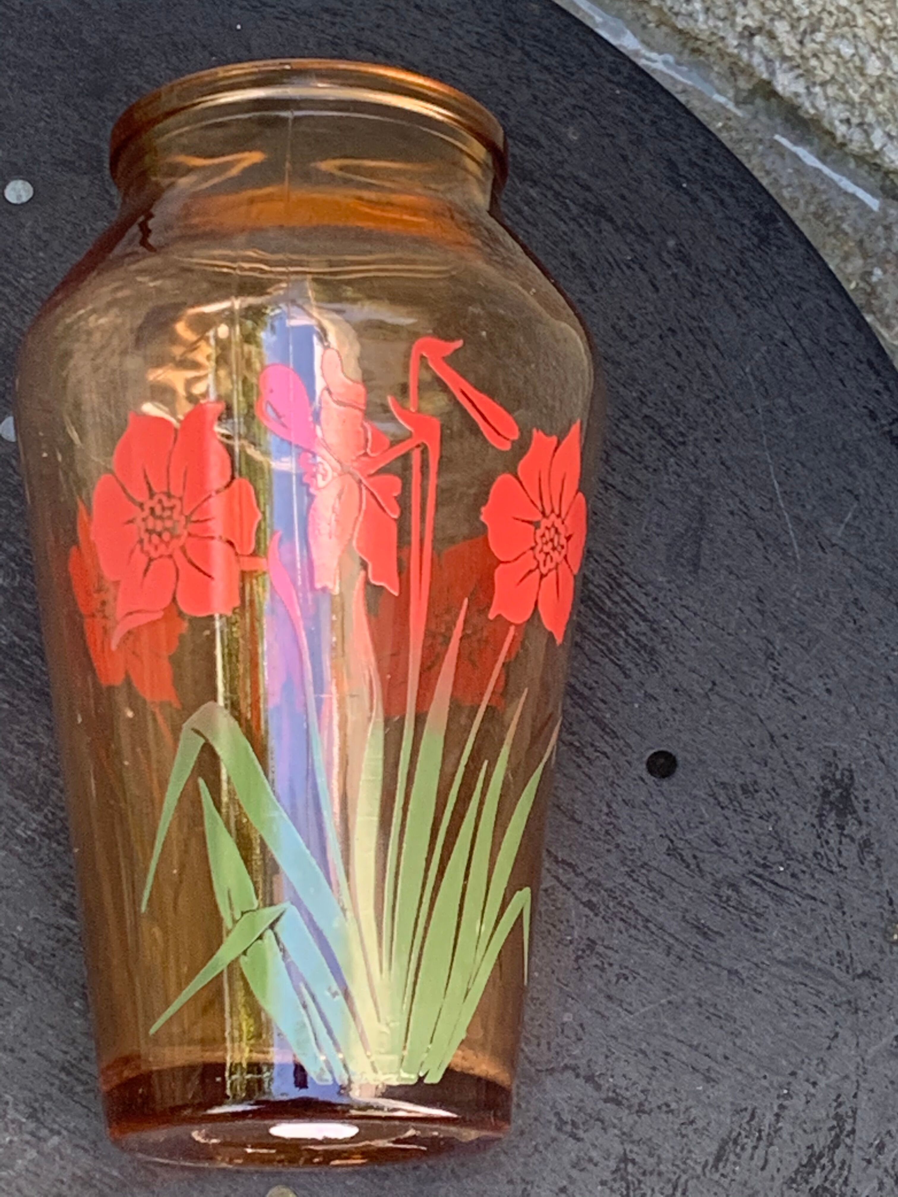 Vintage red-flowered pink glass vase