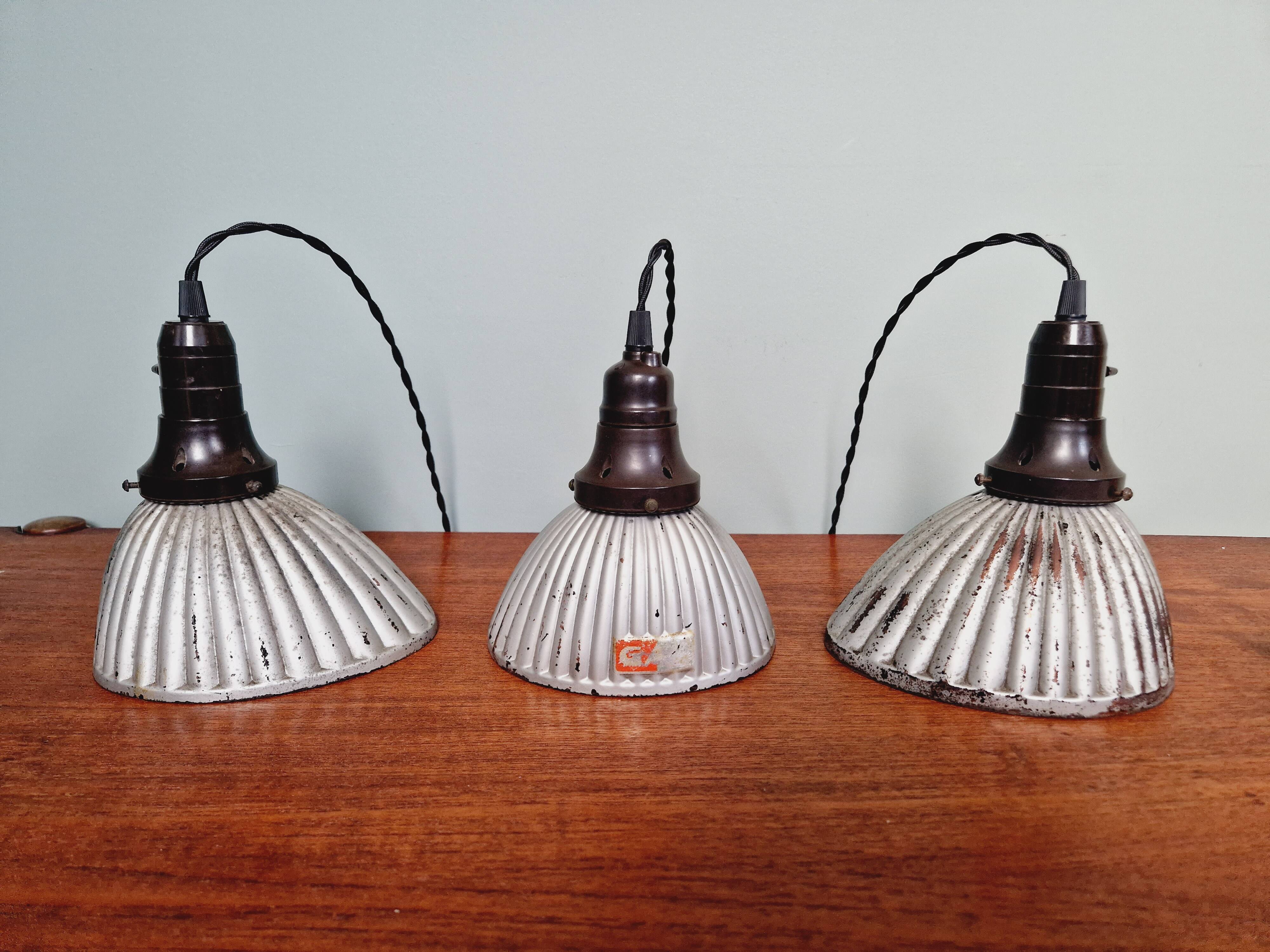 Set of 3 industrial mercury glass pendant lights, GAL (France), 1930s