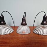Set of 3 industrial mercury glass pendant lights, GAL (France), 1930s