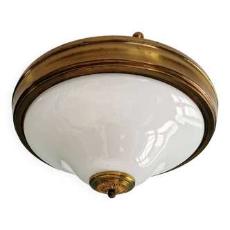 Mid-century ceiling light in brass and white opaline, 1950s