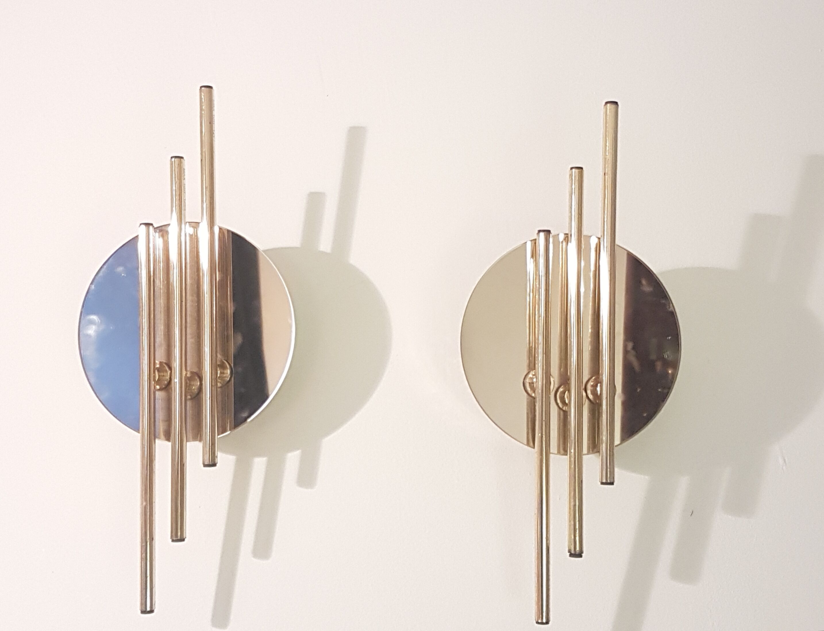 Modernist 1980s glamour mirror glass and gold wall lamps lights sconces Hollywood Regency mid centur