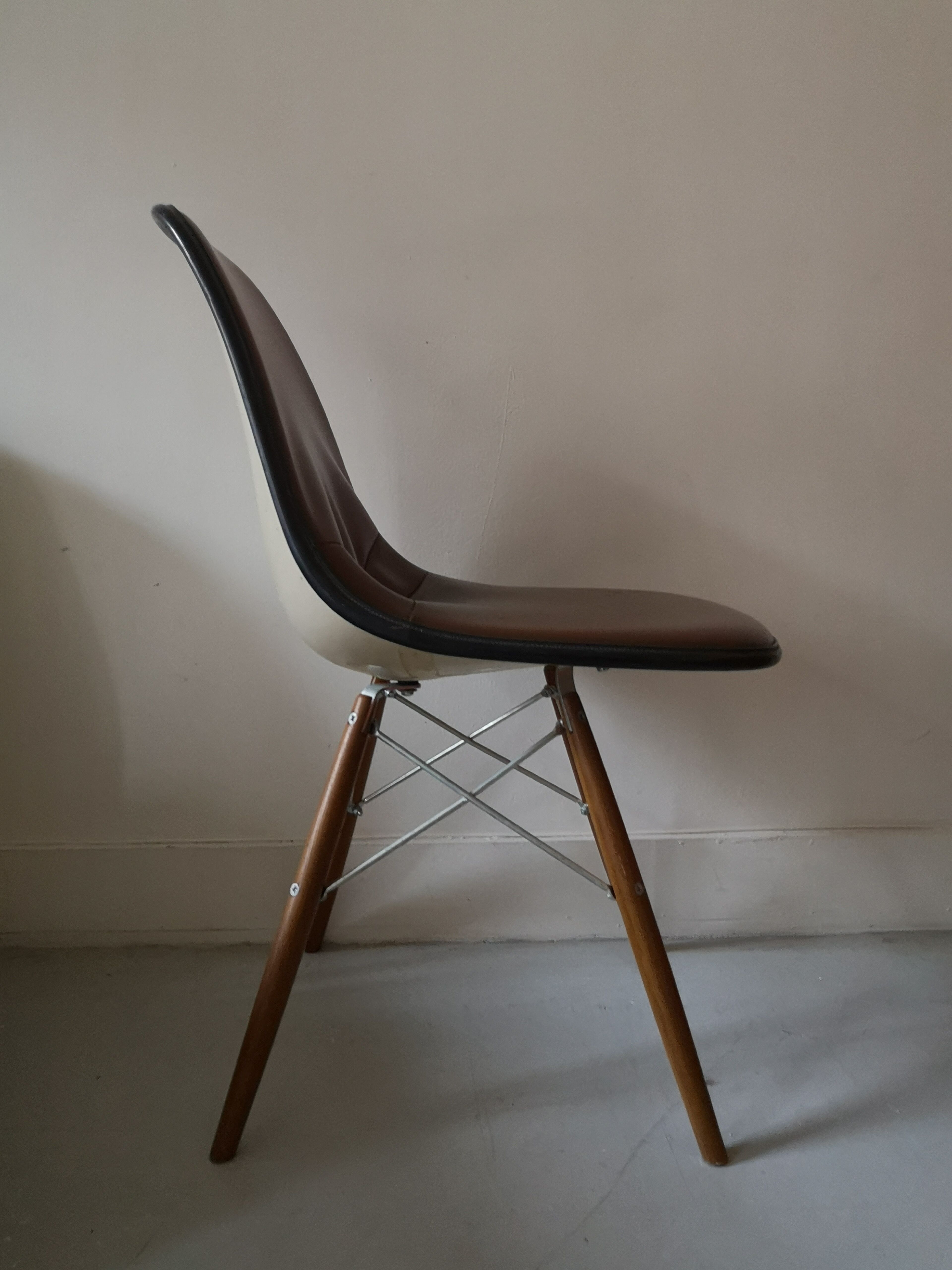 DSW chair with glossy brown leather by Charles & Ray Eames for Herman Miller, 1970