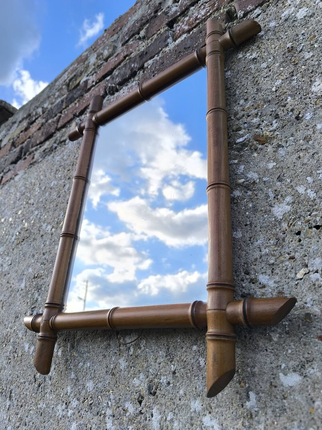 Bamboo-style turned wooden mirror, 1950s