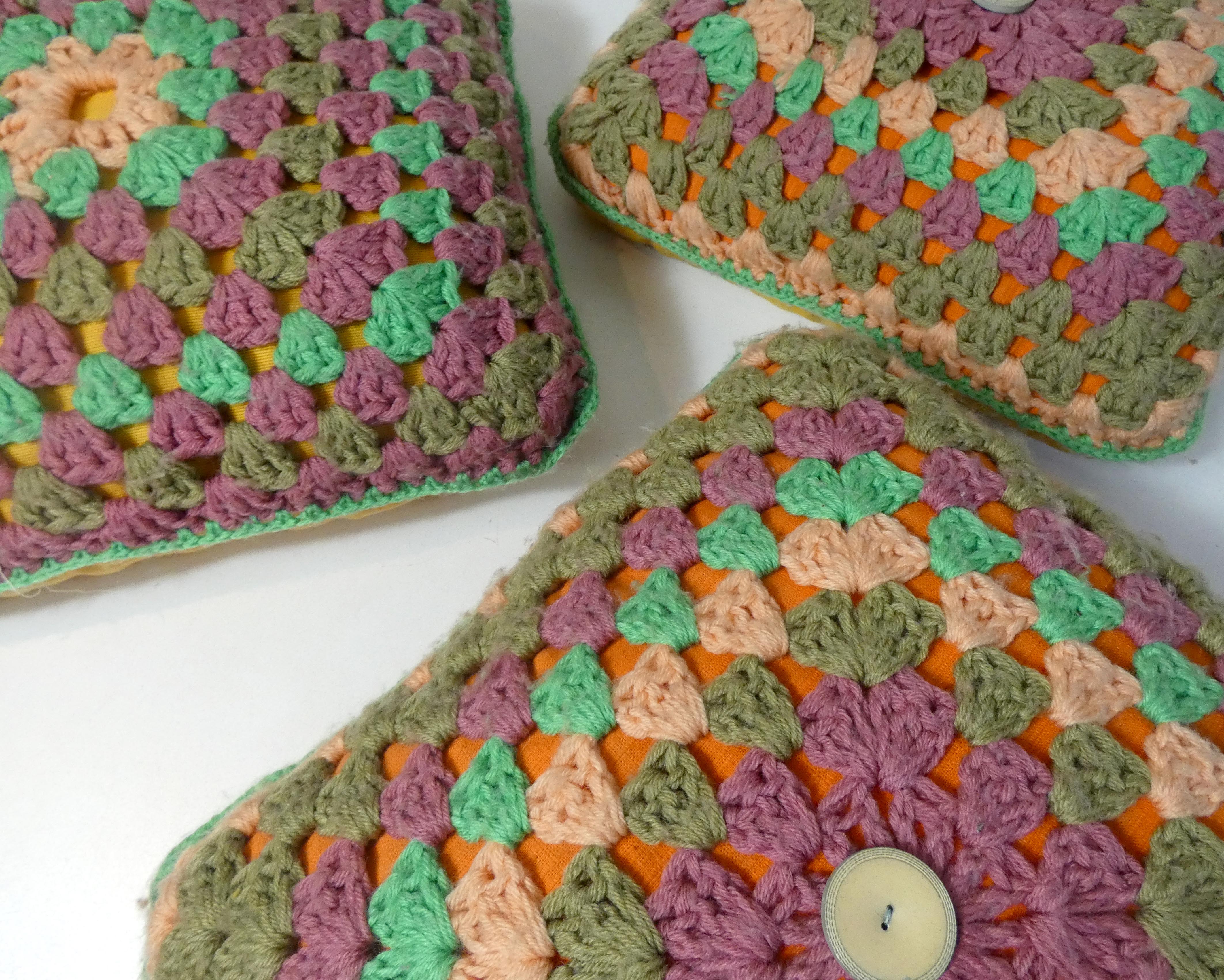 3 vintage crochet cushions