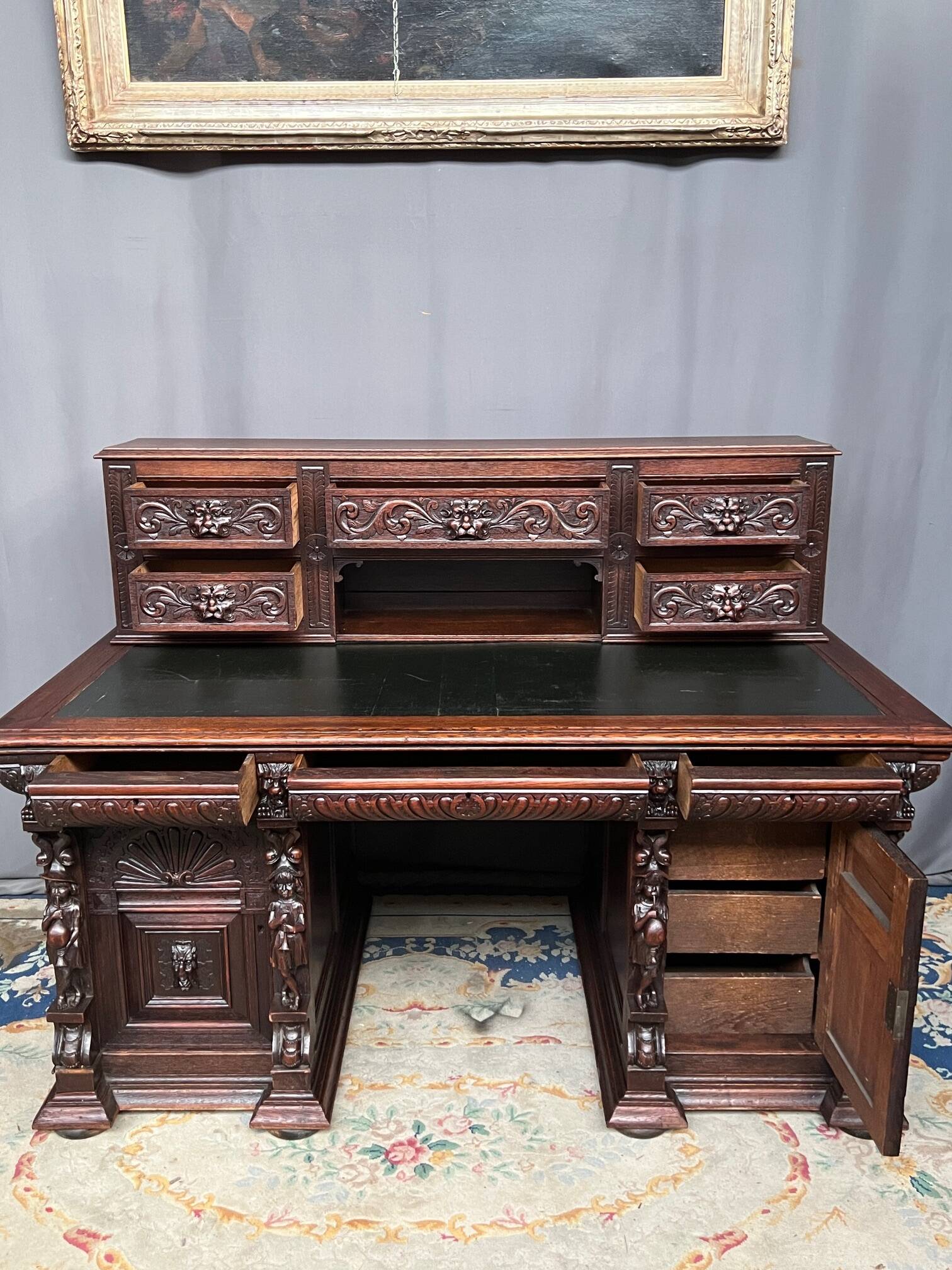Old Renaissance style desk. Solid oak. France. Late 19th century.