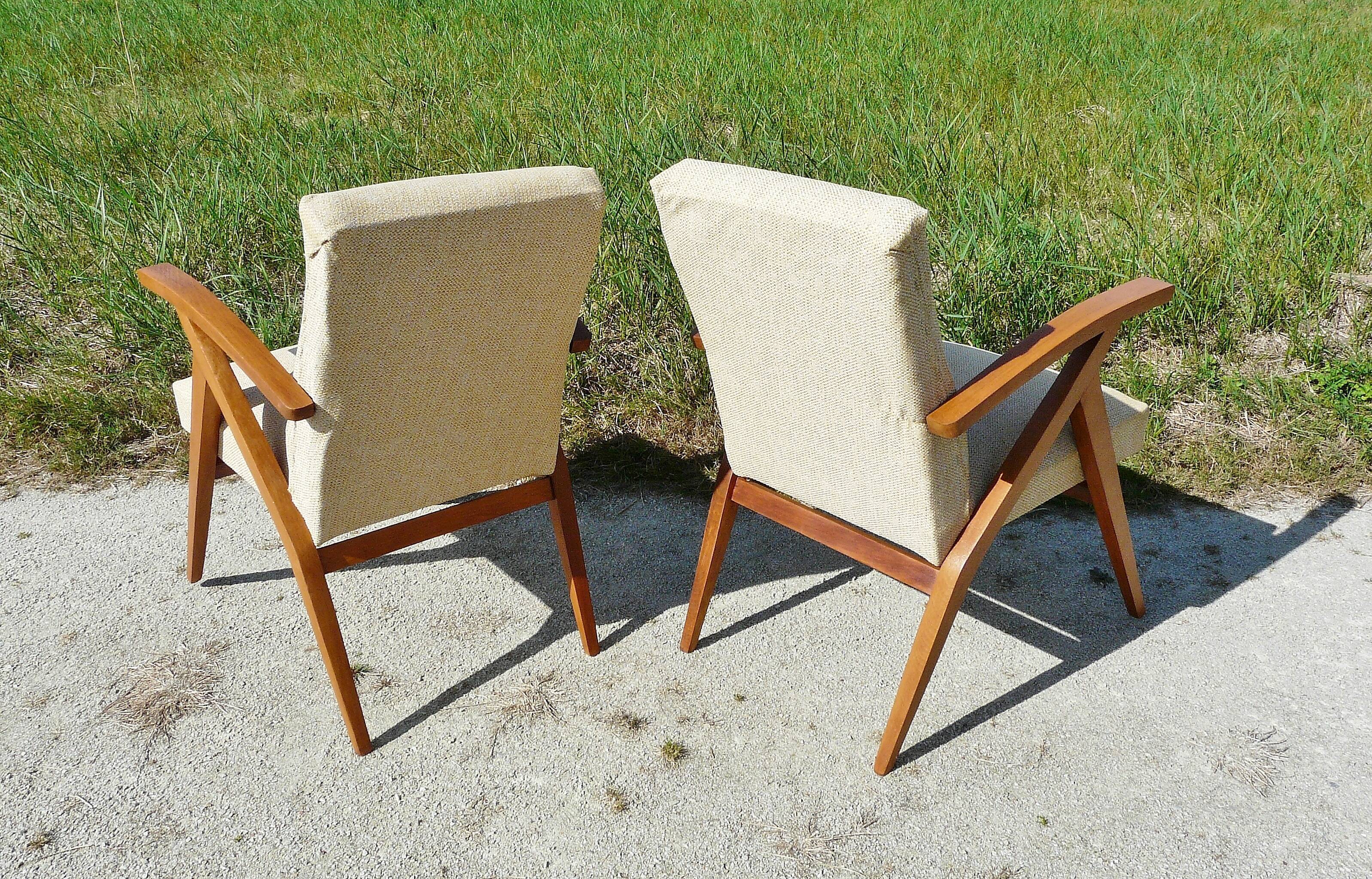 Pair of Scandinavian vintage armchairs in blond wood