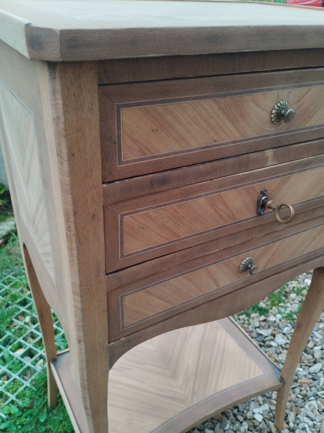 Antique Louis XVI style marquetry bedside table