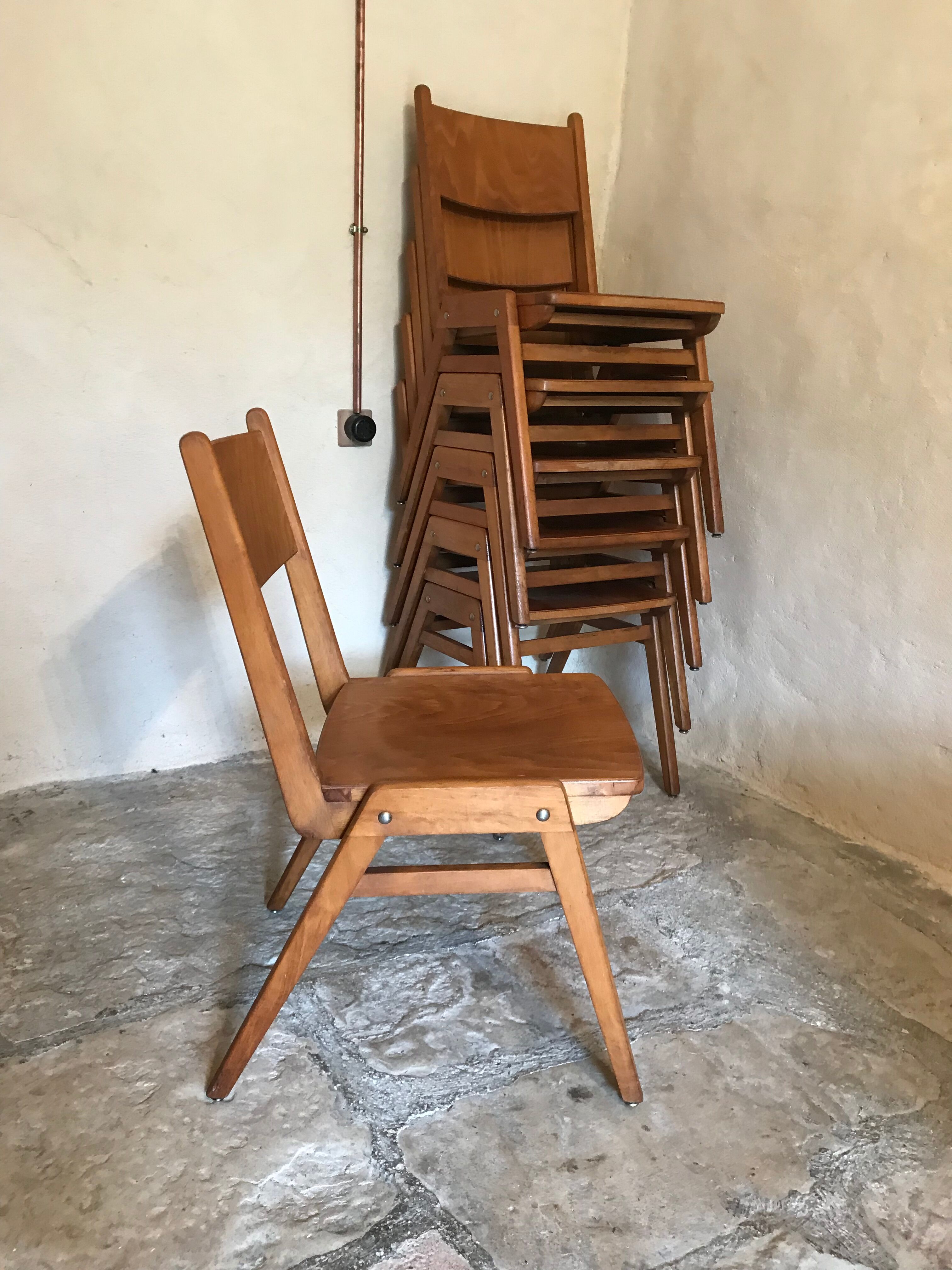 Set of 6 vintage wooden stackable chairs compass legs Germany 1960's