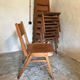 Set of 6 vintage wooden stackable chairs compass legs Germany 1960's