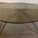 Vintage 1970's coffee table in chrome steel wire and smoked glass
