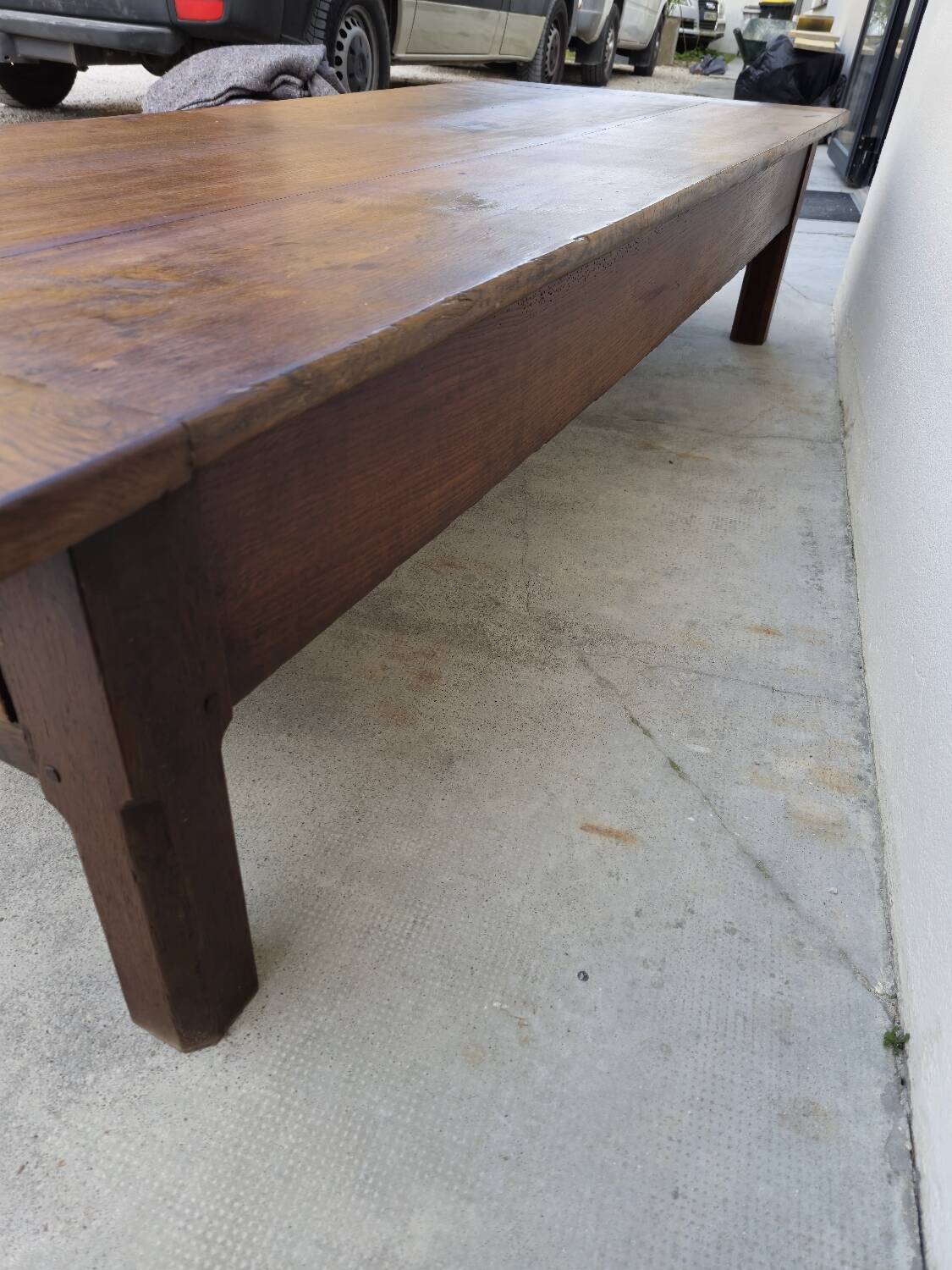 Rustic farmhouse coffee table with two drawers, solid oak, 19th century - 1.97m