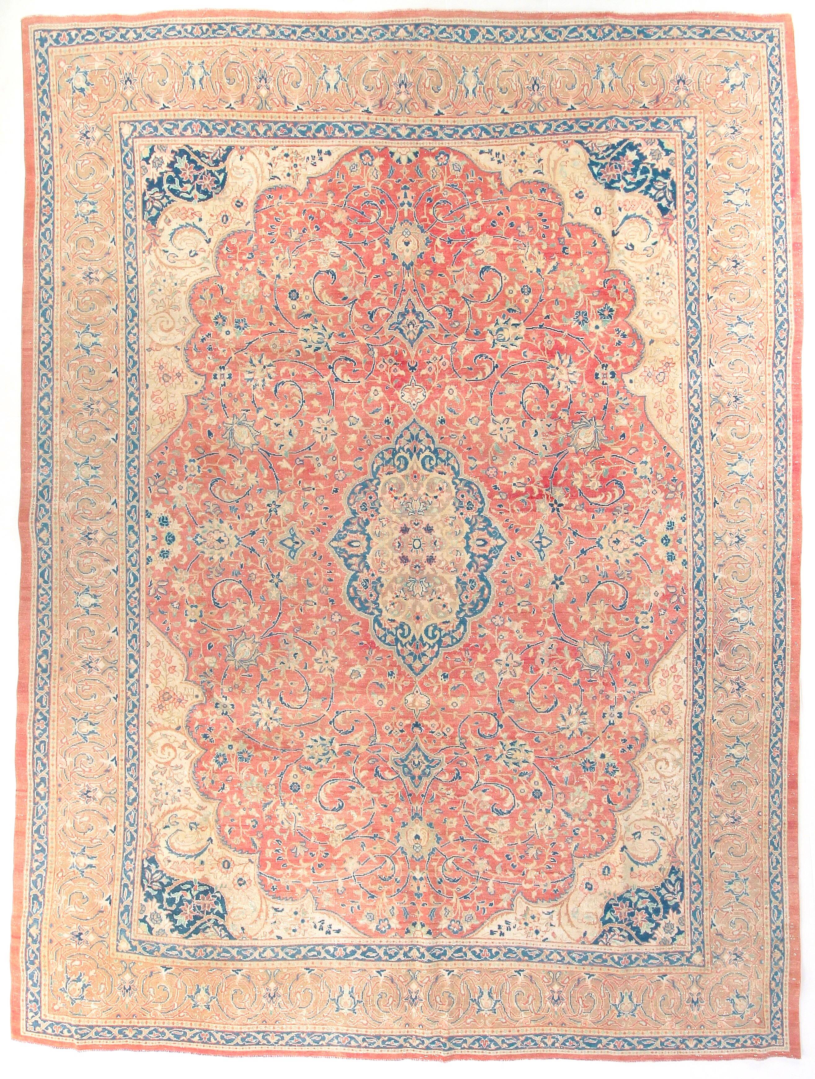 10x13 Tapis Persan Buda Ancien à Médaillon Floral Noué Main, 310x404Cm