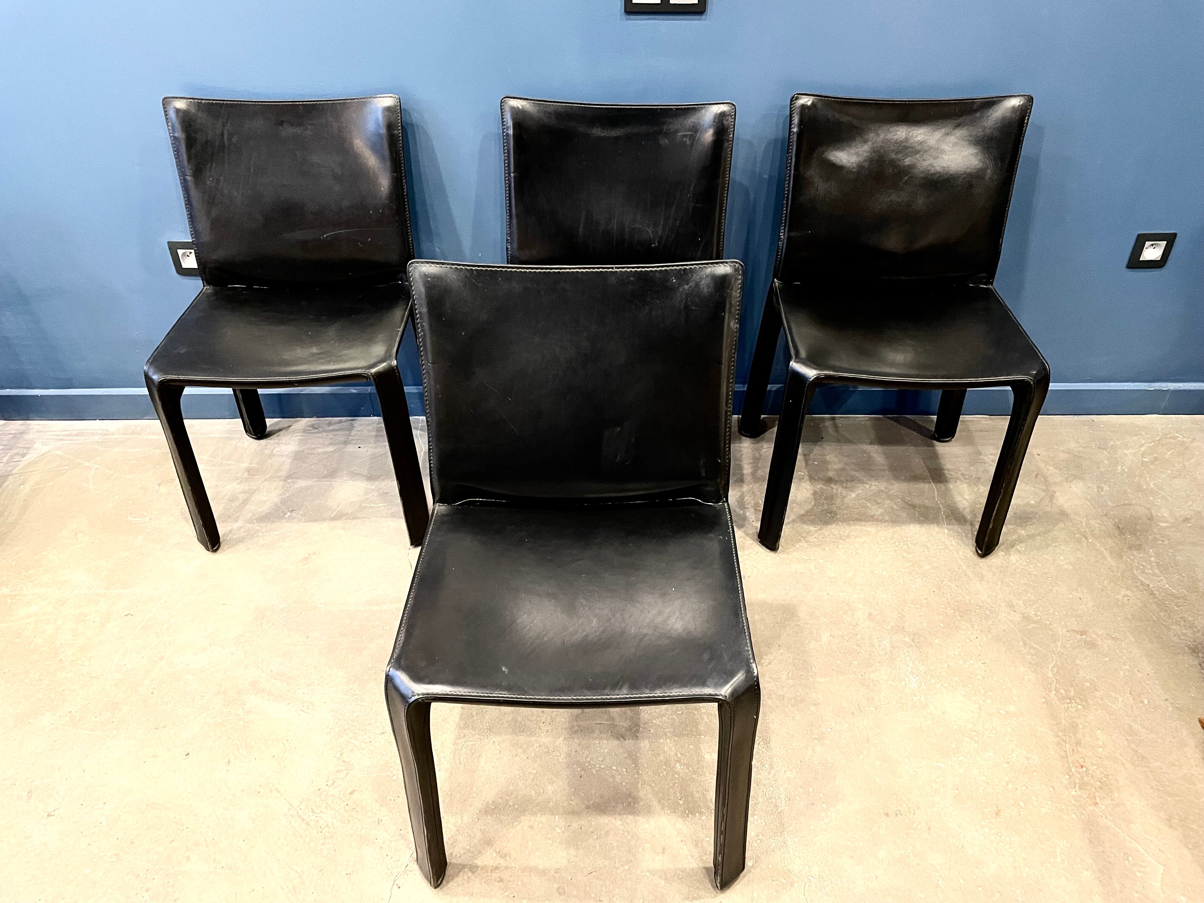 4 black leather chairs 412 cab by Mario Bellini signed Cassina
