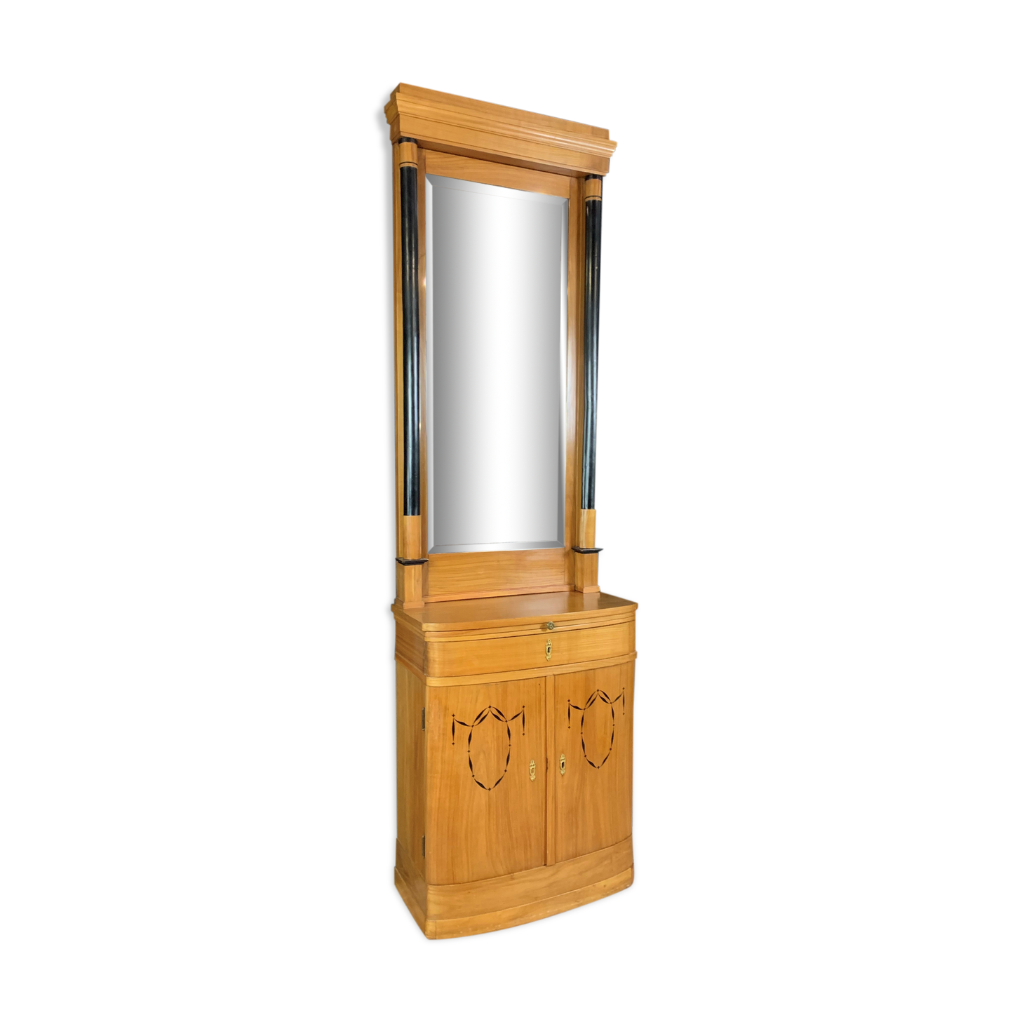 Argentier a tiroirs secrets Biedermeier en bois clair, marqueterie et poirier noirçi