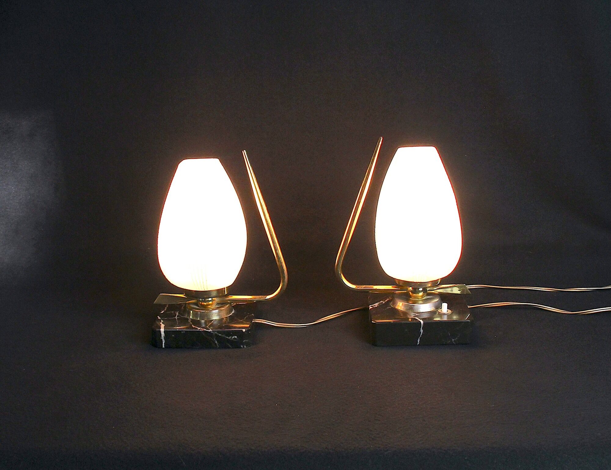 Mid 20th Century Marble Brass and Opaline Bed-Side Lamps, Maison Arlus, France - a Pair