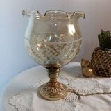 Table lamp with bronze base, round globe with amber and granite ruffles, retro chic