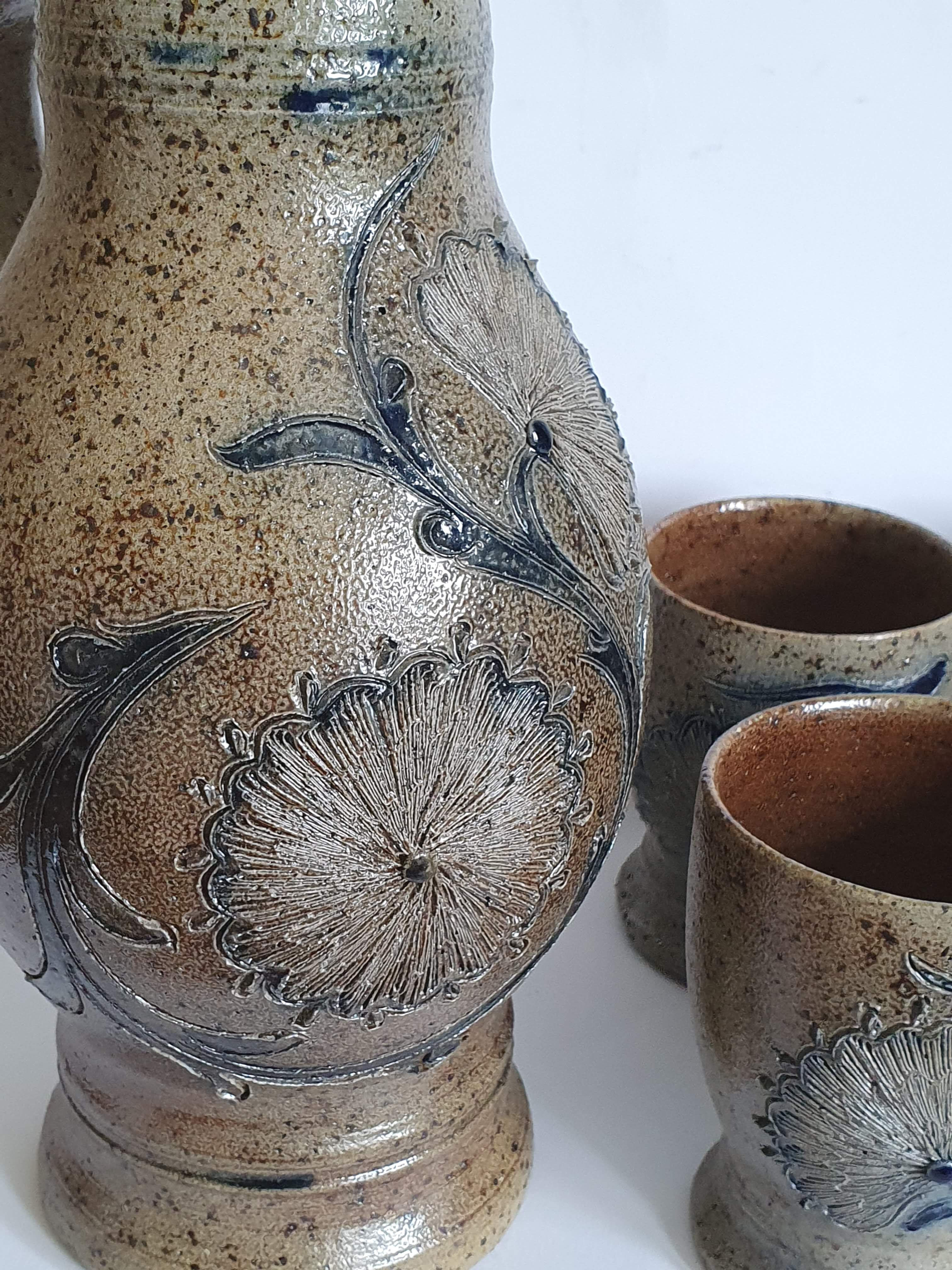 Sandstone pitcher and four cups by Loys Ruhlmann Betschdorf