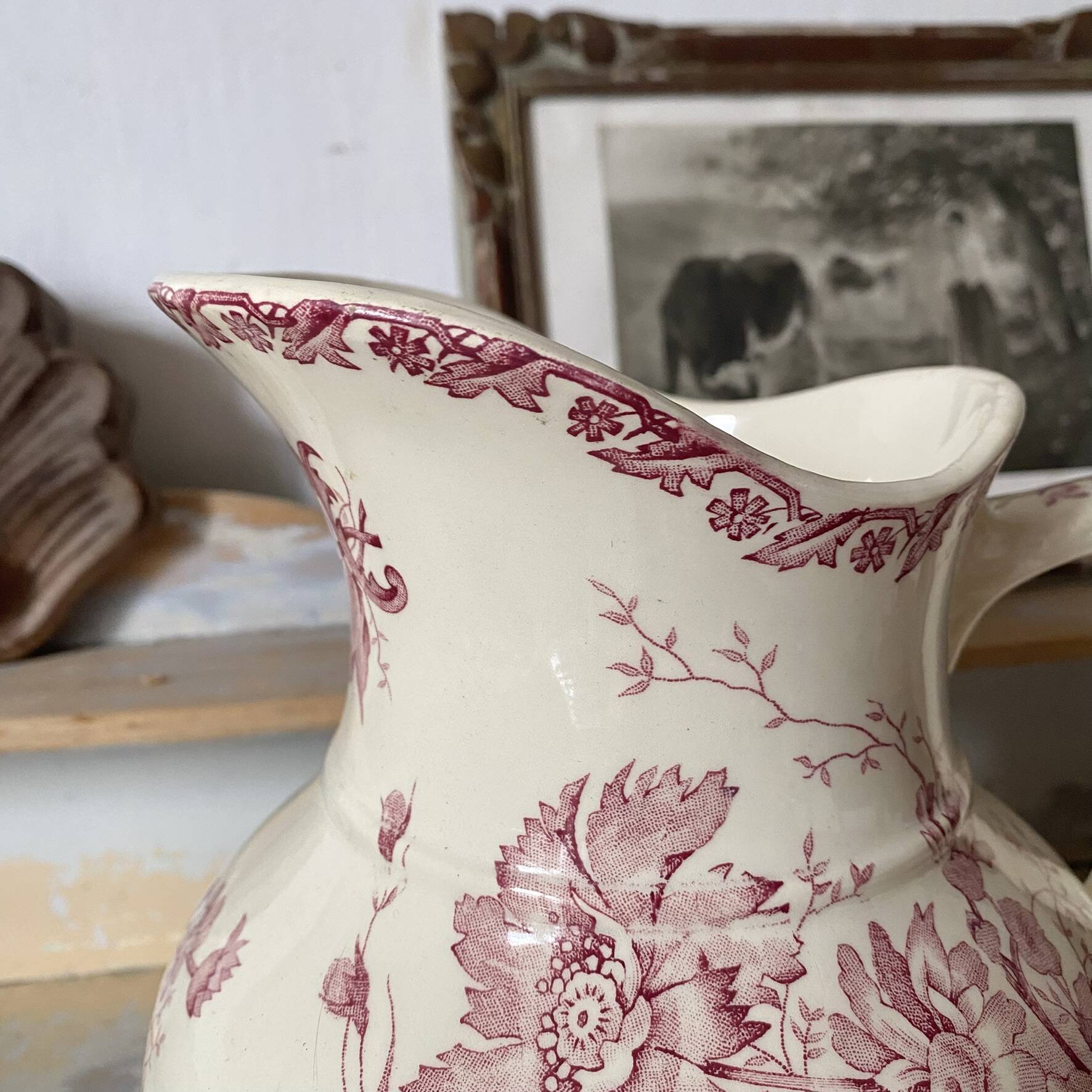 Large ironstone jug St Amand Anemone, antique pitcher