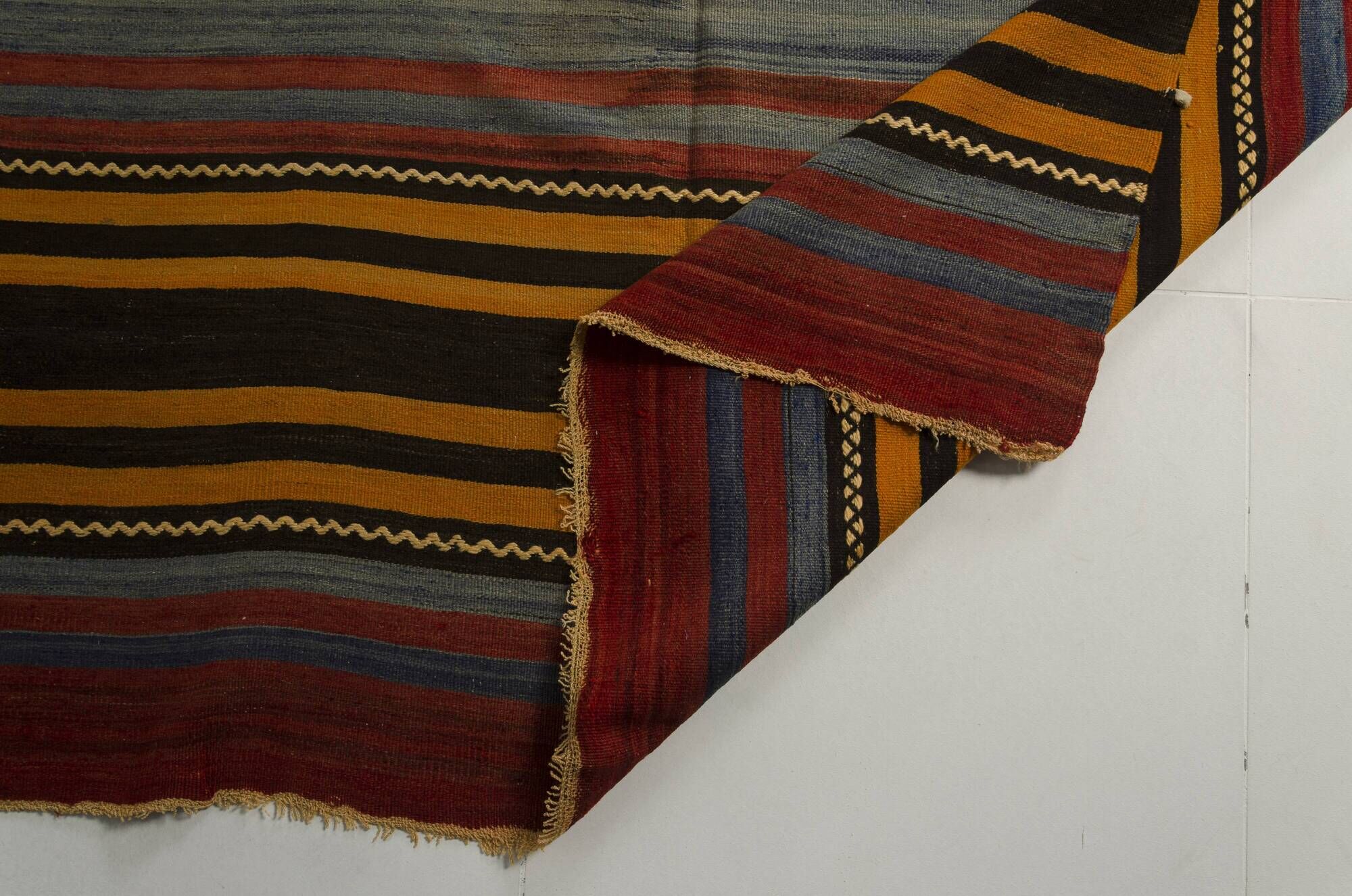 Large Vintage Striped Anatolian Hand-Woven Wool & Cotton Rugsku-135