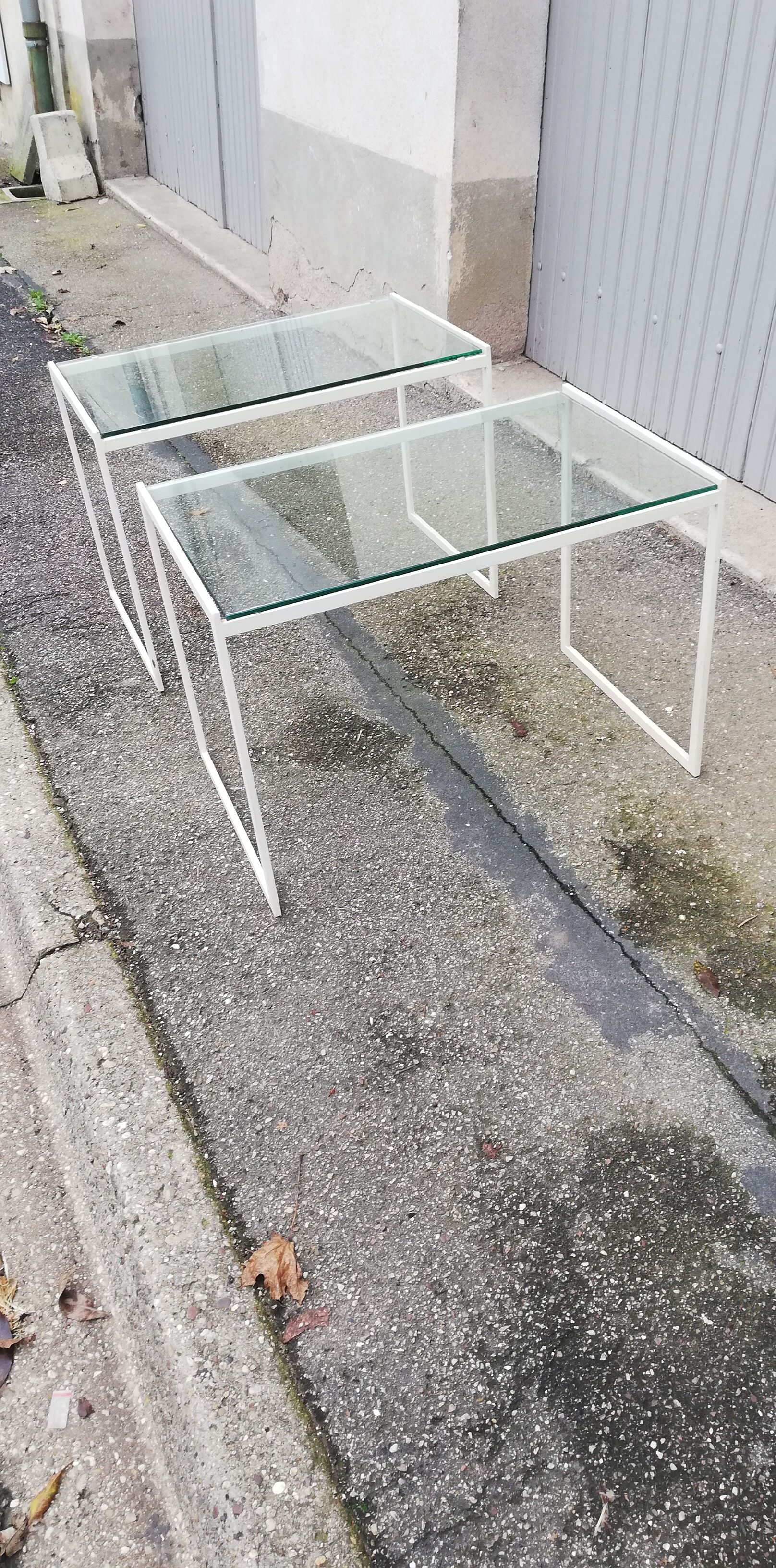 Pair of vintage metal and glass coffee tables