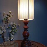 Vintage rustic chic wood table lamp with ecru thread shade