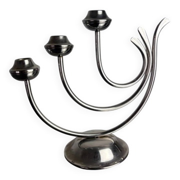 Art deco candlestick in stainless steel, 3 flames, Spain, 1970s