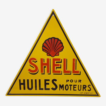 Plaque émaillée triangulaire garage Shell Huiles Moteur