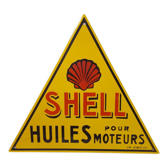 Plaque émaillée triangulaire garage Shell Huiles Moteur
