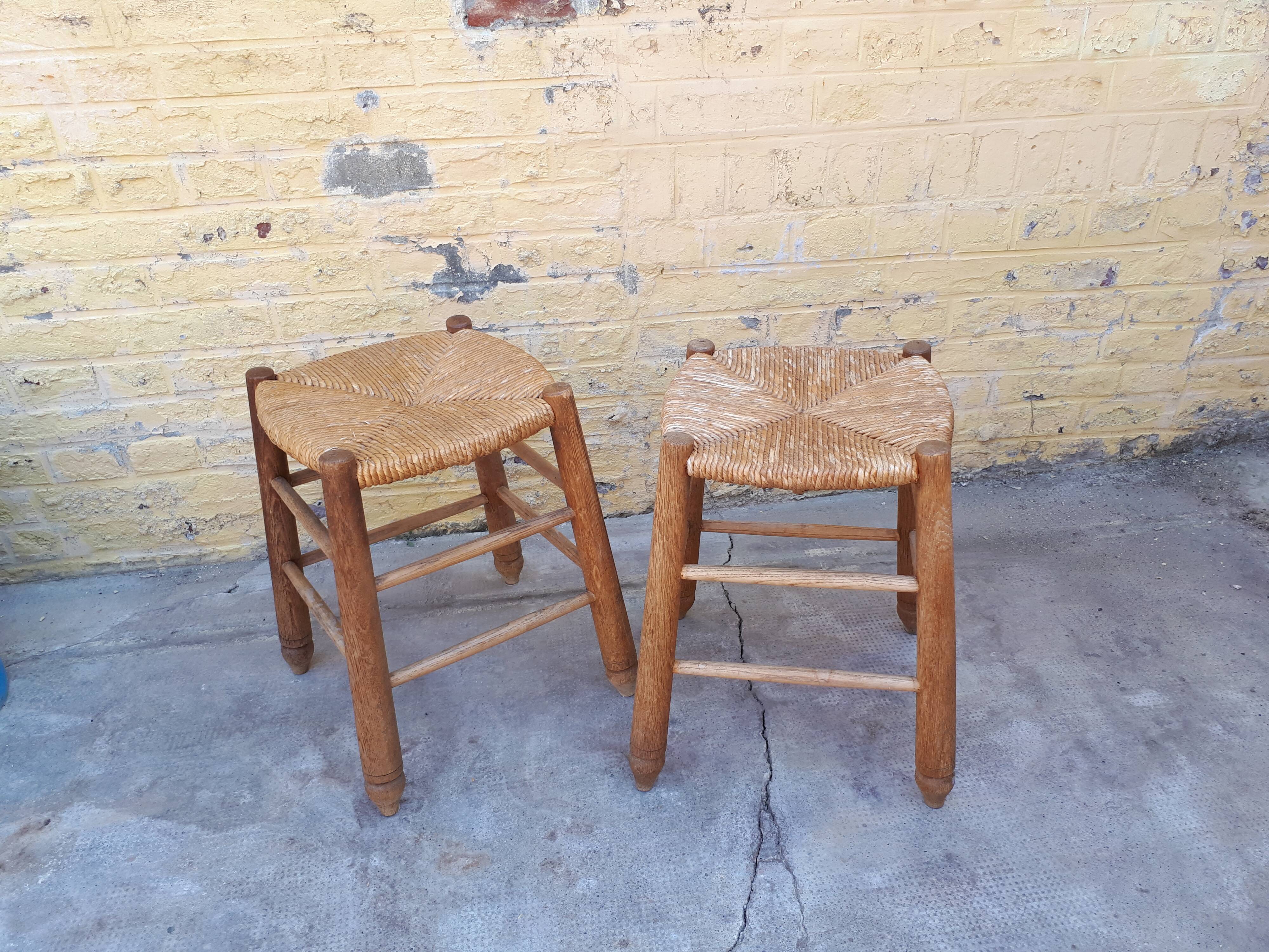 Pair of wooden and straw stools