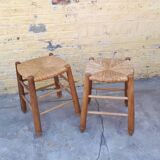 Pair of wooden and straw stools
