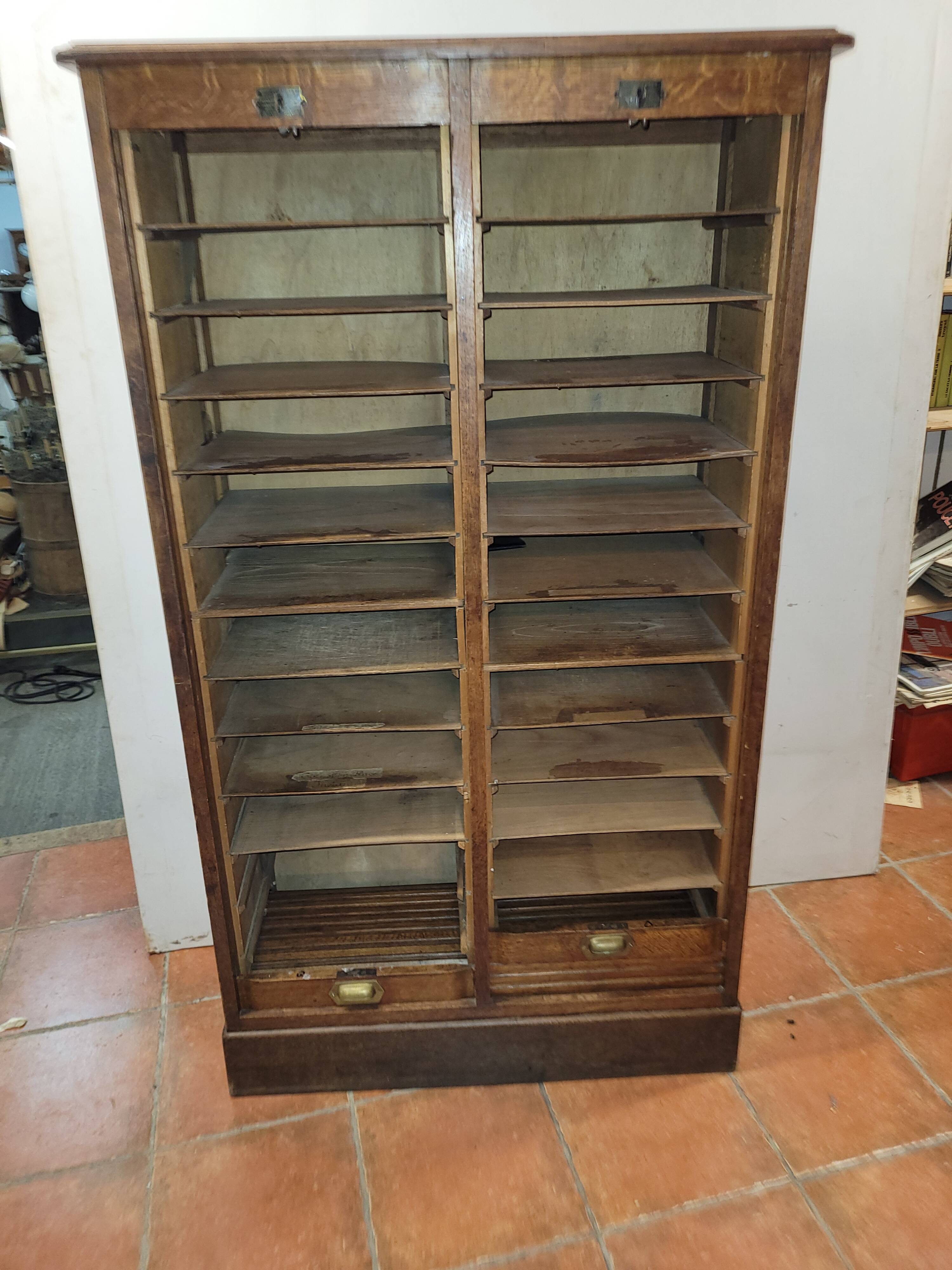 Old double curtained oak filing cabinet