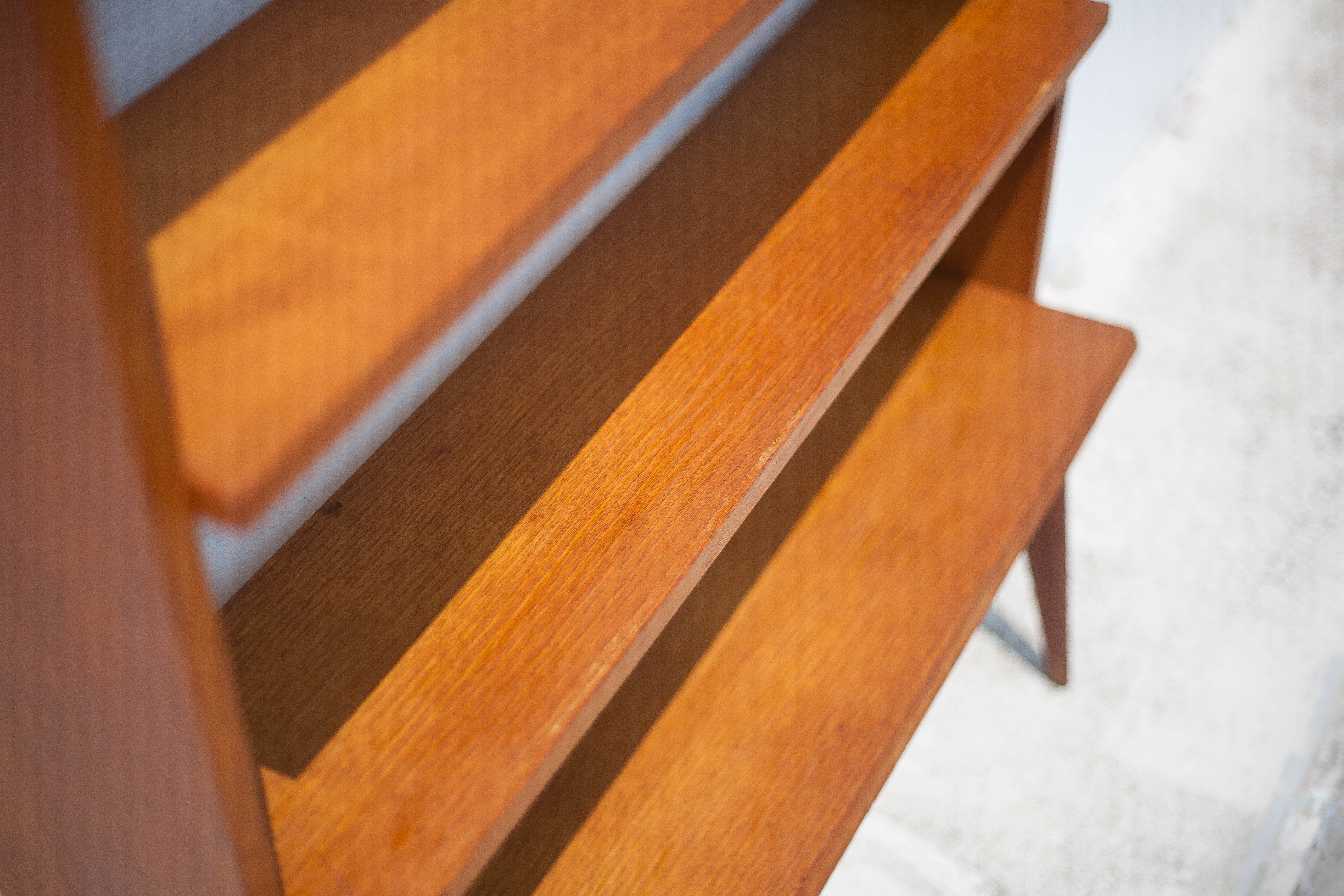 Wood bookcase shelf, wooden shelf on compass legs, storage unit, decoration